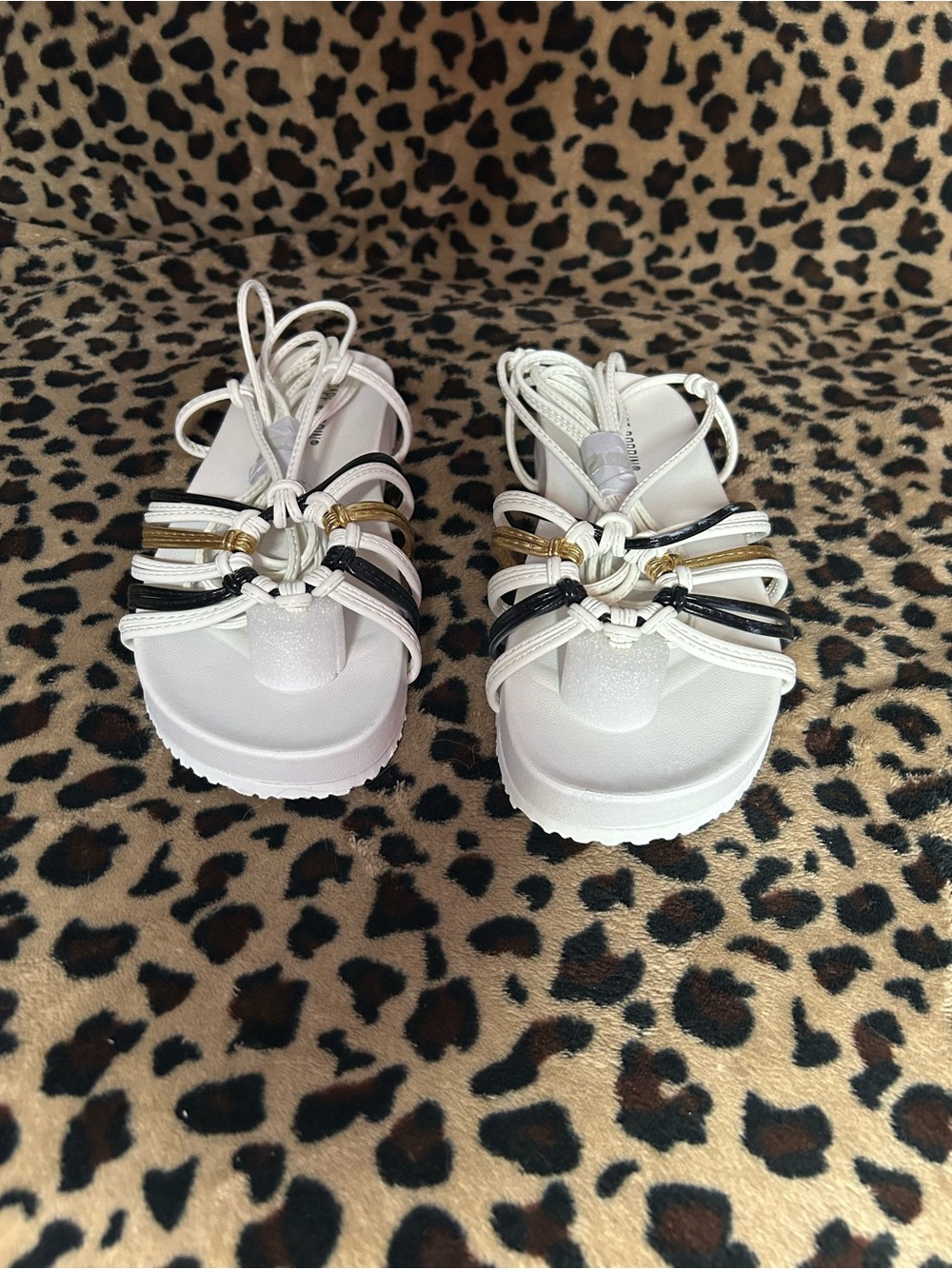 Cape Robbin White Platform Sandals with Black & Gold Accents